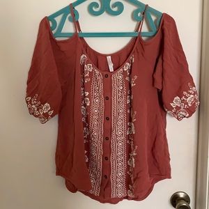 Cold shoulder embroidered burnt orange blouse